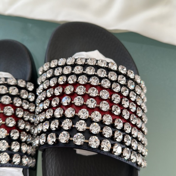 COPY - ❤️Gucci Crystal Embellished Web Slide Sandals Calfskin Leather and Rubbe… - Picture 6 of 7